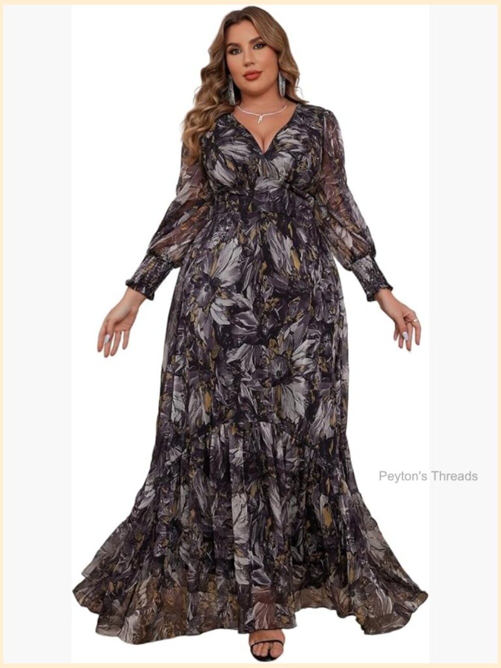 Plus Size Sequin Dress Long Sleeve V-Neck Fit & Flare Maxi Evening Party